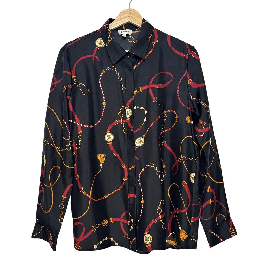 Lilysilk Louisville Print Silk Shirt Black Equestrian Chain Belt Blouse M - Picture 3 of 15